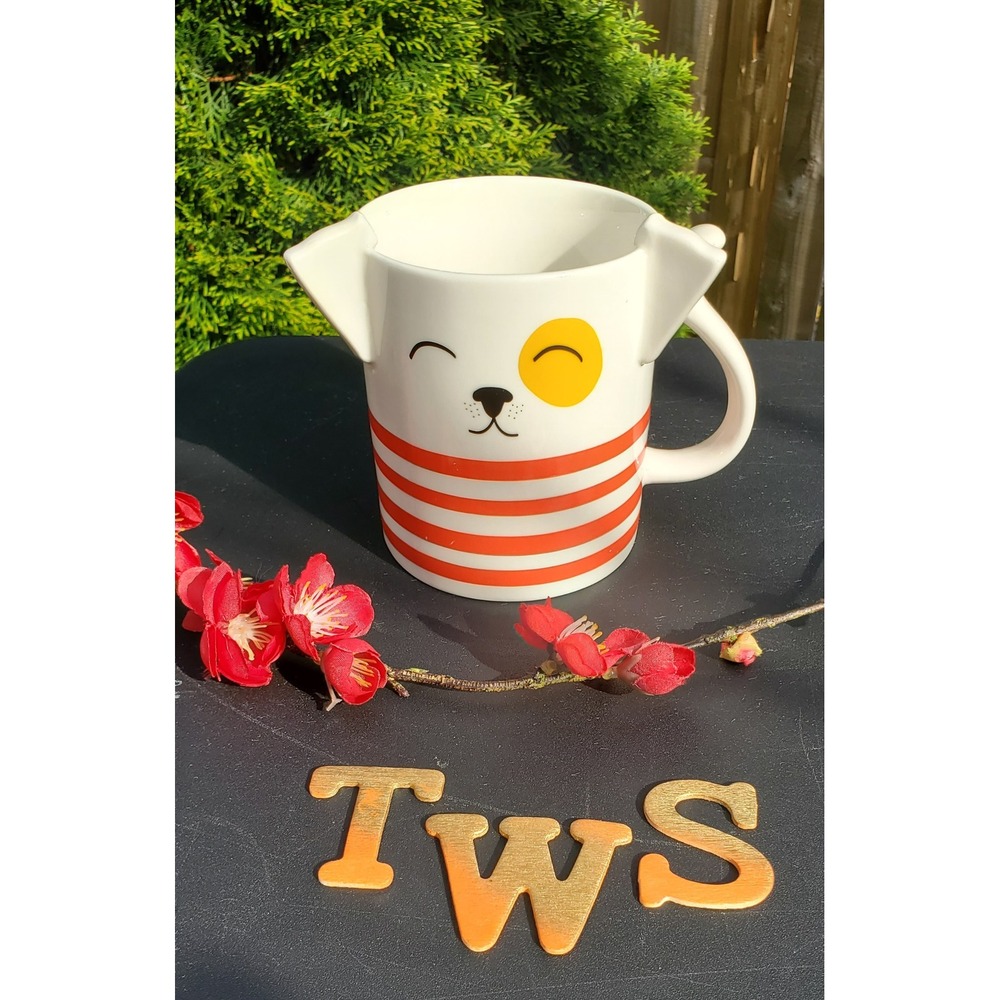 Parker Lane Winking Dog Stoneware Mug Orange White Striped 3D Ears Coffee Cup - Picture 5 of 6